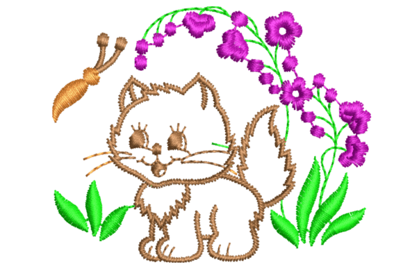 Charming Cute Cat and Butterfly Embroidery